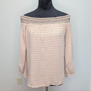 L Love Sz large Women's Off-Shoulder Taupe Pink Peasant Top